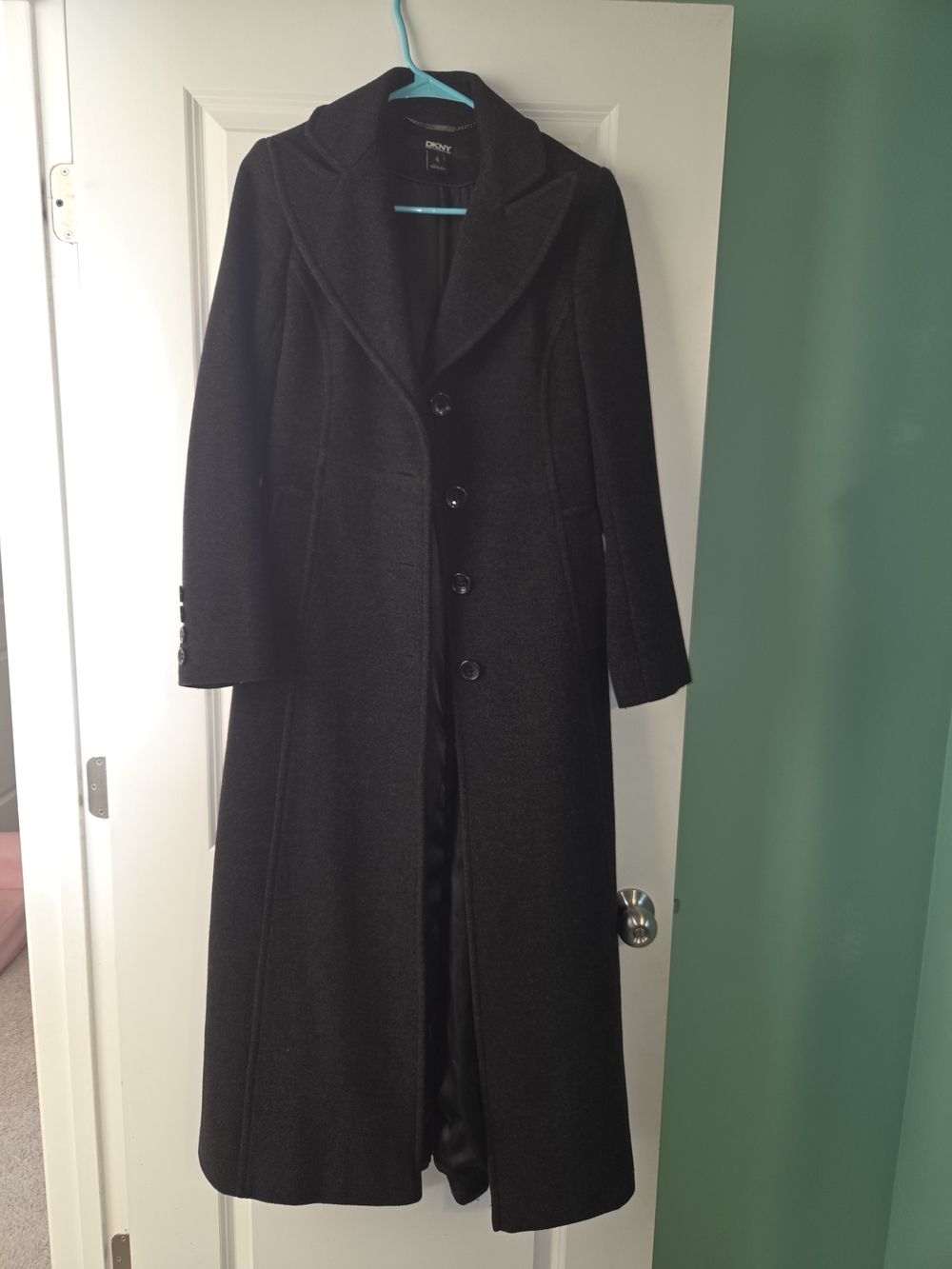 DKNY Women's Black Long Wool Blend Coat - Size 4